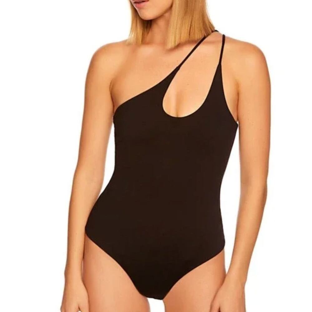 Susana Monaco One-Shoulder Cutout Double Strap Bodysuit Size Large Black Basic